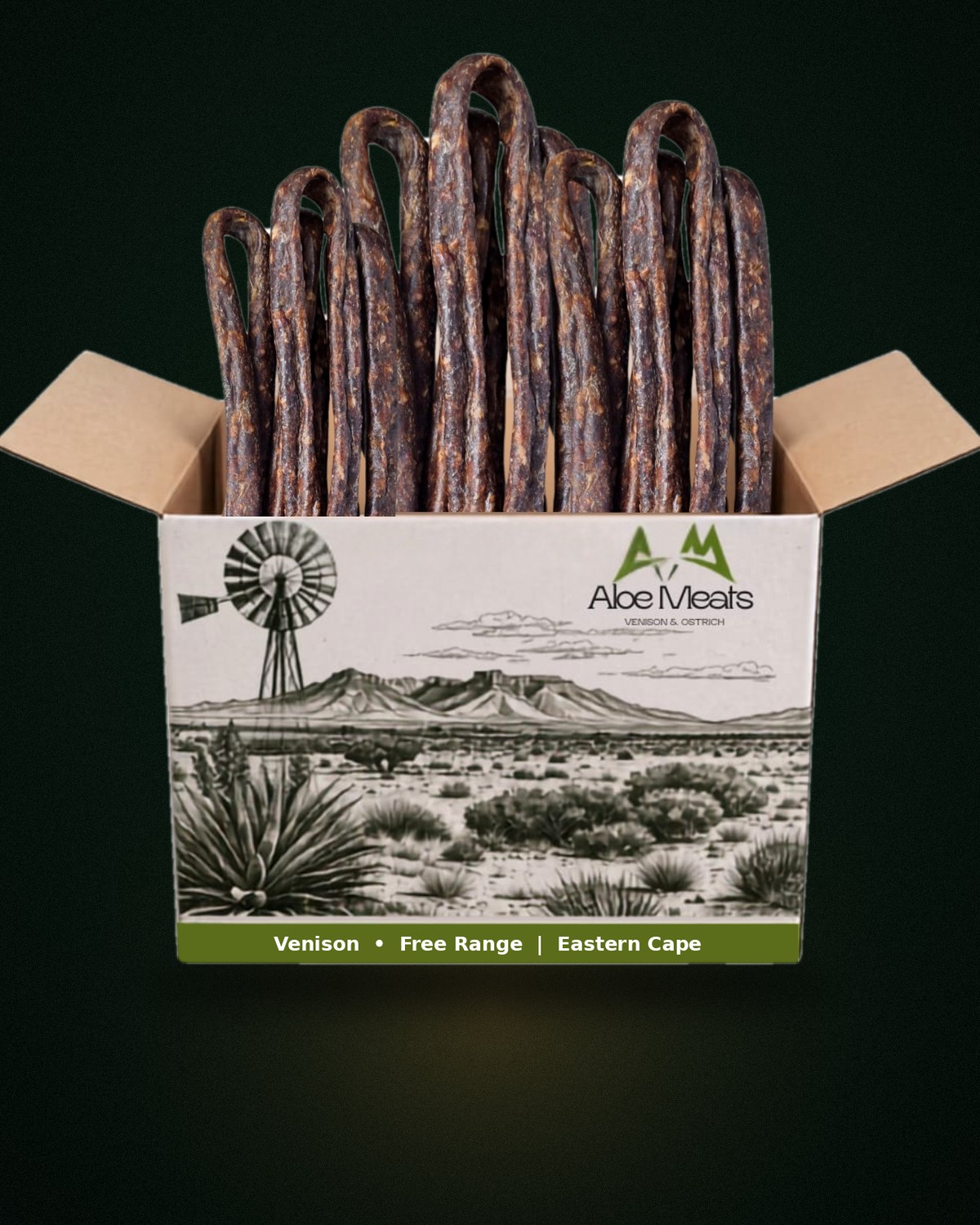Tall springbok droëwors sticks standing in an open Aloe Meats box on a dark green backdrop