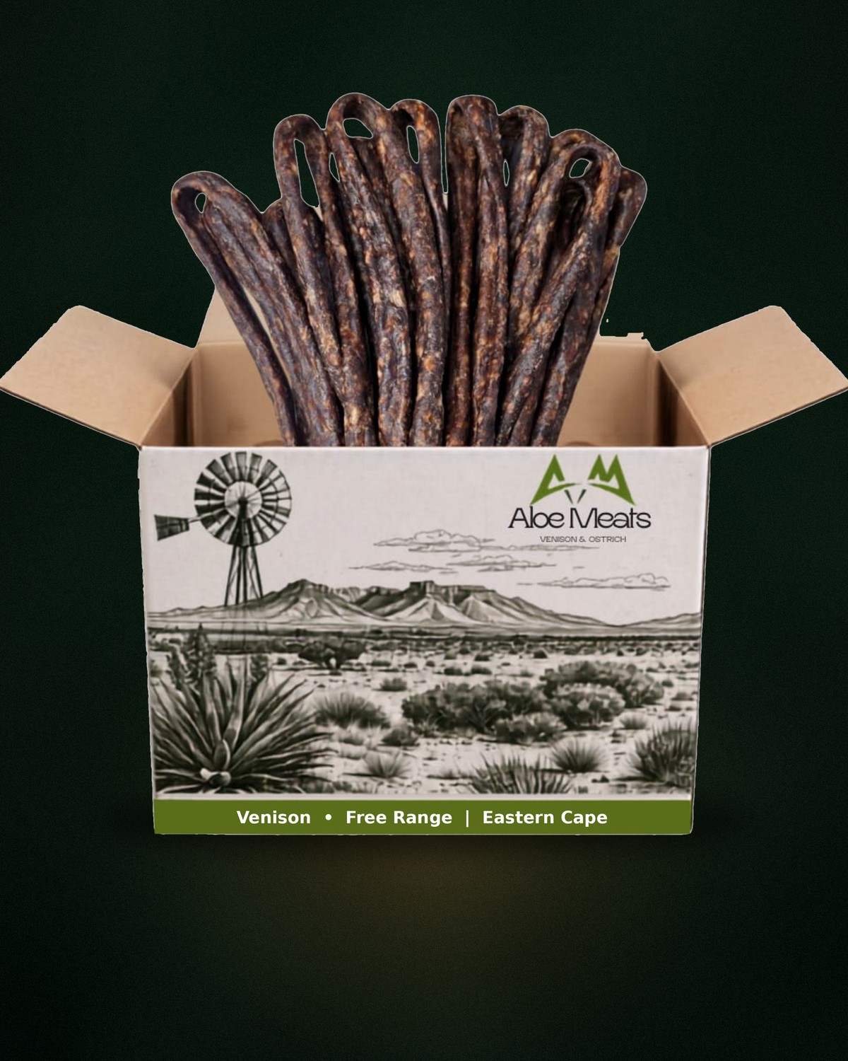 Open Aloe Meats box of kudu droëwors sticks on a deep forest-green backdrop